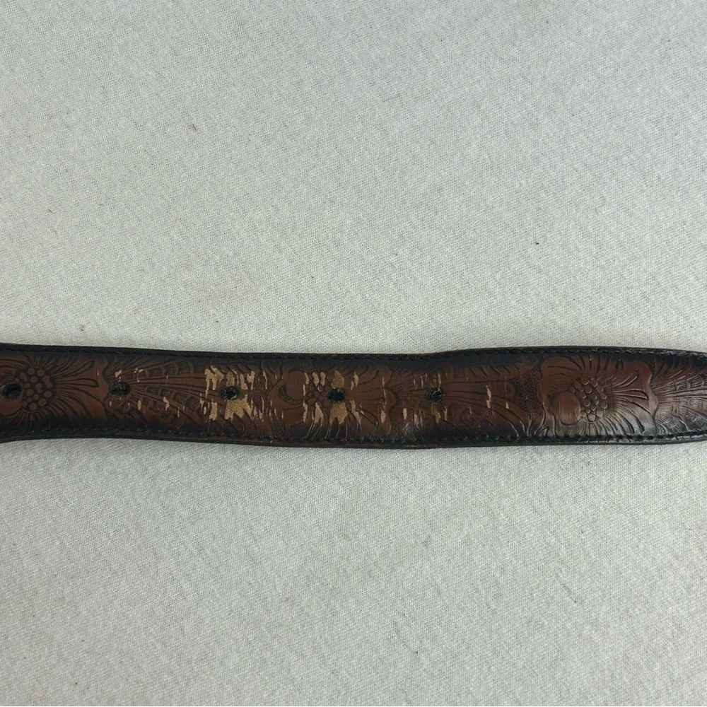 Perry Ellis 36 Brown‎ Embossed Leather Belt with Gold Buckle Cowhide Floral